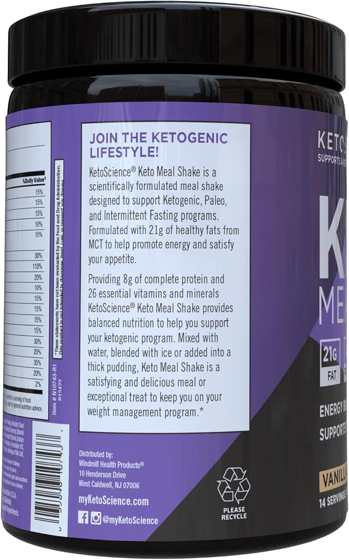 Keto Science Ketogenic Meal Shake Vanilla Dietary Supplement, Keto Protein, Rich in MCTs and Protein, Packed with Collagen, Vitamins and Minerals, Keto and Paleo Friendly, Weight Loss, (14 servings), 20.49 Oz