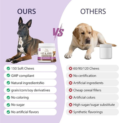 Joint Care Chews for Dogs-High Levels of Glucosamine, Green Lipped Mussels, Omega 3 and Turmeric - Hip and Joint Supplement for Dogs to Helps Ease Discomfort & Stiffness-150 Soft Chews
