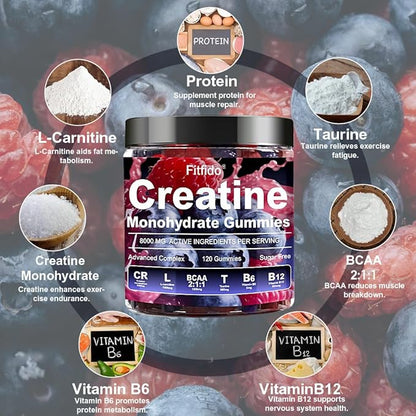 Creatine Monohydrate Gummies Complex 8000mg for Men and Women, Containing L-carnitine & Taurine, Build Muscle, Boost Energy, Faster Recovery, Sugar Free & Vegan, Raspberry & Blackberry, 120 Count
