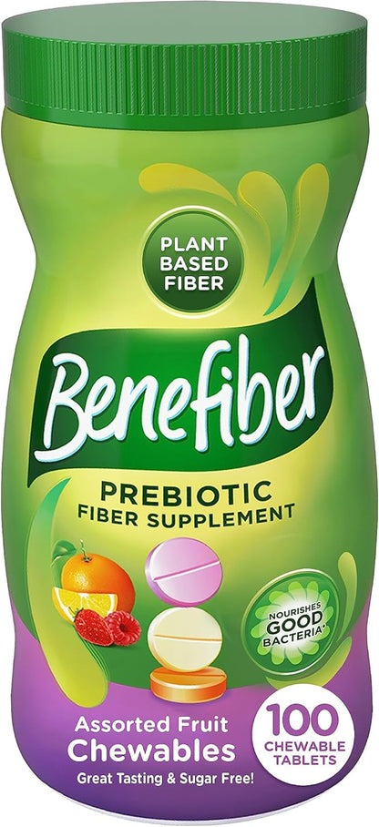 Benefiber Chewable Prebiotic GLP-1 Friendly Fiber Supplement Tablets for Digestive Health, Assorted Fruit Flavors - 100 Count