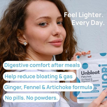 Digestion Patch - Gut Support - Bloat Relief - Ginger Root Extract + Turmeric Extract + Fennel Seed + Dandelion Root + Artichoke Leaf Extract - Vegan & Natural - 30 Patches