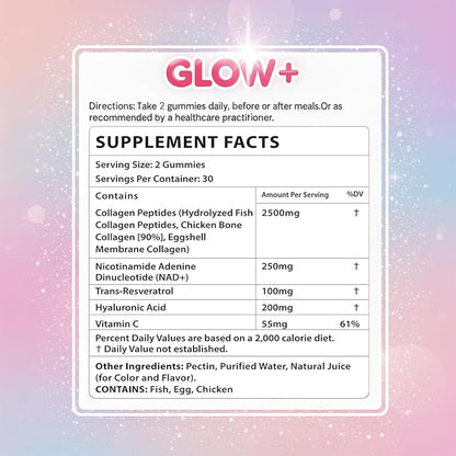 Jovi Nutrition Glow+ NAD+ & Collagen Gummies,Multi-Type Hydrolyzed Collagen Peptides with Resveratrol, Hyaluronic Acid, Vitamin C & E, Skin, Hair & Nail Nutritional Support