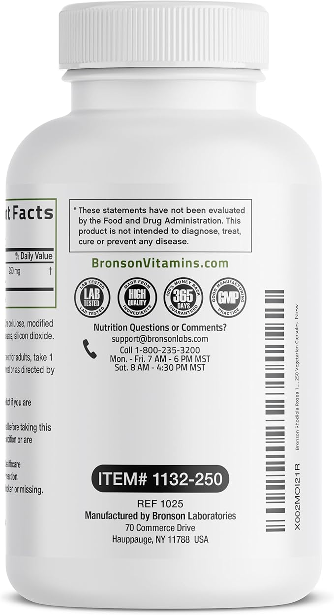 Bronson Rhodiola Rosea Vegetarian Capsules - Adaptogenic Herb - Brain, Stress & Mood Support - Non-GMO, 250 Count