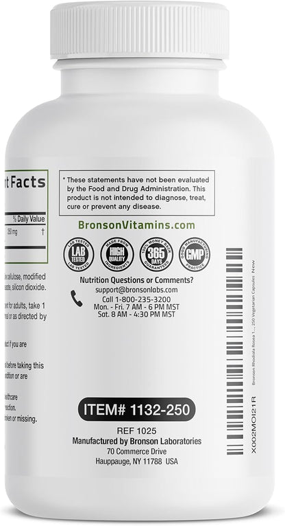 Bronson Rhodiola Rosea Vegetarian Capsules - Adaptogenic Herb - Brain, Stress & Mood Support - Non-GMO, 250 Count