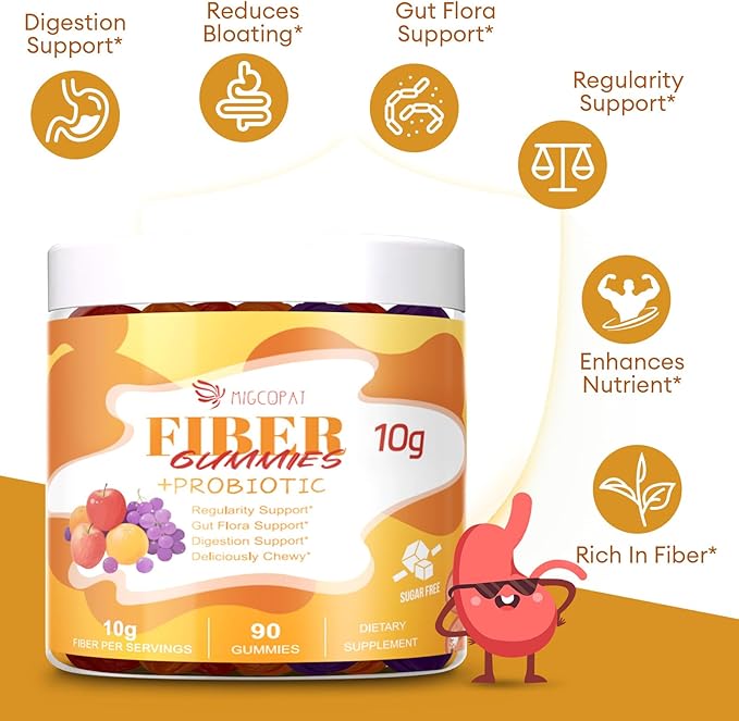 Migcopat 10G Fiber Gummies for Adults - Support Digestive Health - Fiber Supplement with 30 Billion CFU Probiotics Blend, ACV, Vitamin C, Inulin - No Sugar Added - Fruit Flavored - 180 Count