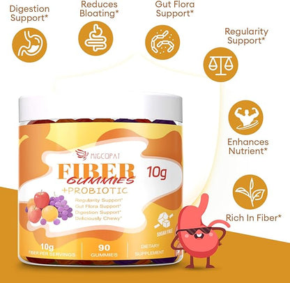Migcopat 10G Fiber Gummies for Adults - Support Digestive Health - Fiber Supplement with 30 Billion CFU Probiotics Blend, ACV, Vitamin C, Inulin - No Sugar Added - Fruit Flavored - 180 Count