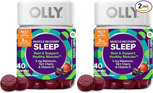 OLLY Muscle Recovery Sleep Gummies,Sleep and Sore Muscle Support,3mg Melatonin,Tart Cherry,Vitamin D,Berry Flavor -,40 Count (Pack of 2)