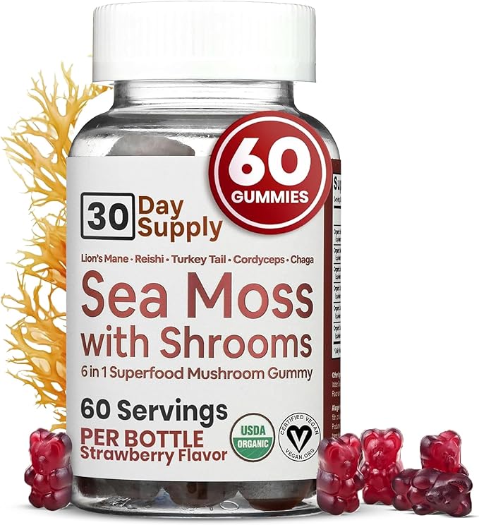 Atlantic Naturals Sea Moss Gummies with Lions Mane Mushroom | Sea Moss Gel Alternative with Irish Sea Moss Reishi, Cordyceps Chaga & Turkey Tail Supplement | Helps Immunity Energy & Focus | 60 Gummies
