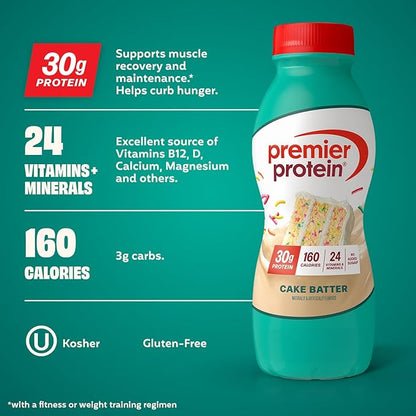 Premier Protein Shake, Cake Batter, 30g Protein, No Added Sugar, 24 Vitamins & Minerals to Support Immune Health, 11.5 fl oz, 12 Pack (Packaging May Vary)