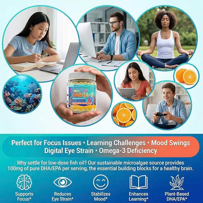 Vegan Omega-3 Gummies - 1000mg Algae Oil with 650mg DHA & 250mg EPA for Teens & Adults - Plus Vitamin D3, A,C, Lutein, Zeaxanthin, Magnesium for Eye & Immune Health, Brain - Sugar Free, Non-GMO, 60Cts