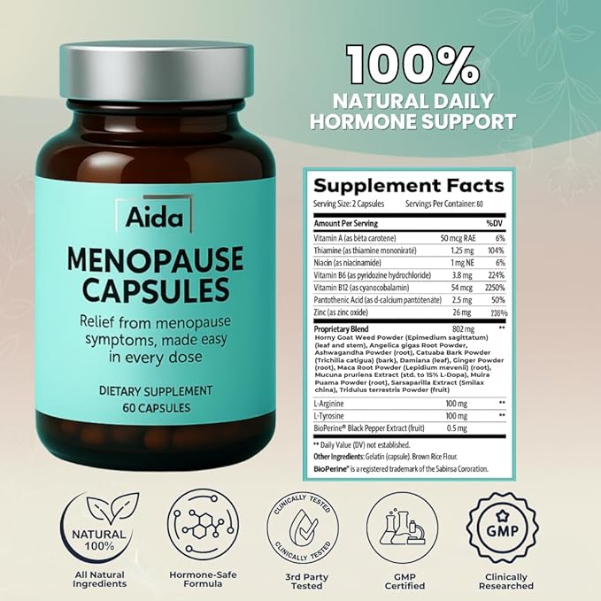 AidaVera® - Meno-Blend Capsules – Estrogen Support for Women with Ashwagandha, Maca & Tribulus – Bloating Relief, Weight Management, Hormonal Balance, Menopause Symptoms (30 Servings)