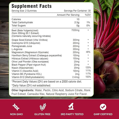Beet Root Gummies – Nitric Oxide Beetroot Gummies with Coq 10, Grape Seed, Pomegranate for Circulation & Energy Support – Vegan, Non-GMO, 120 Beet Chews