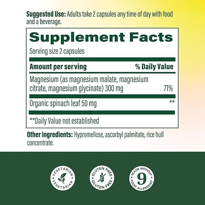 MegaFood Magnesium Glycinate, Citrate, Malate 300mg Supplement - Highly Absorbable Blend to Support Heart, Nerve Health & Relaxation, Triple Magnesium Complex Supplement, 60 Capsules (30 Servings)