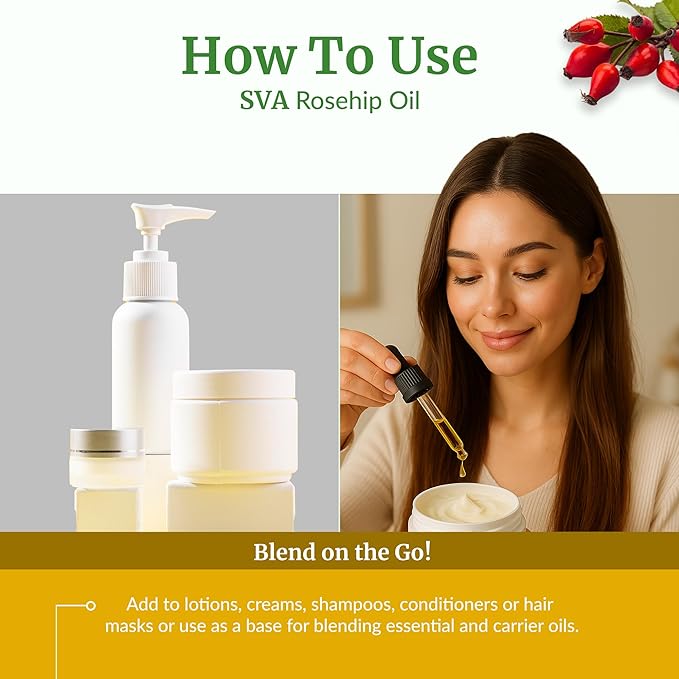 SVA Rosehip Seed Oil - 16 Fl Oz – 100% Natural & Cold Pressed - for Face, Skin Care, Hair Care, Scalp Massage & Body Massage – Carrier Oil with Dropper