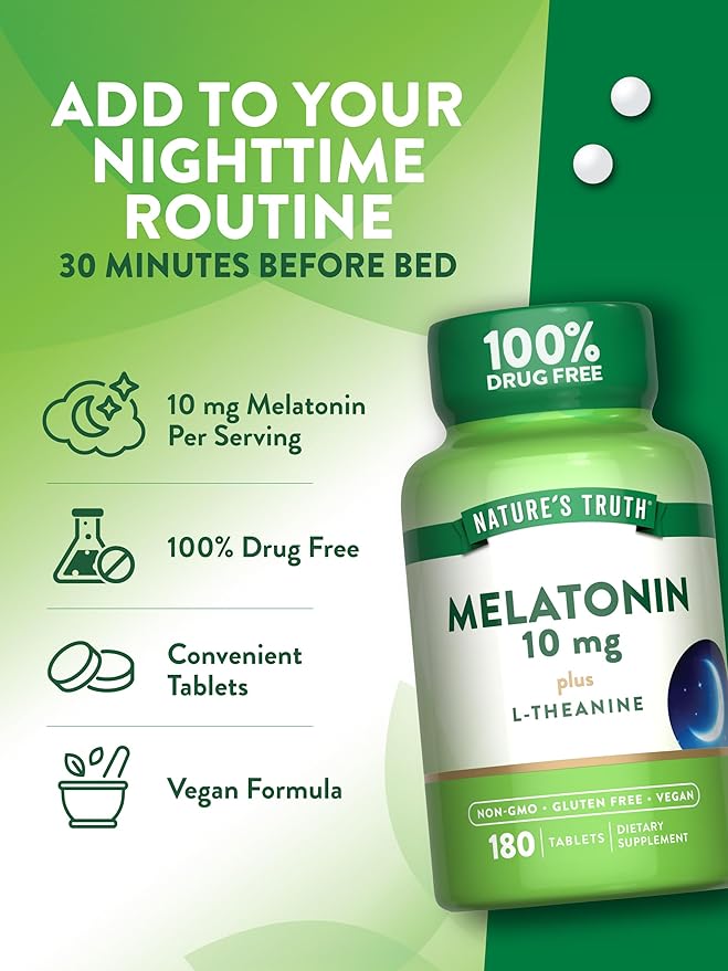 Nature's Truth Melatonin Tablets | 10mg | 180 Count | with L-Theanine | 100% Drug Free Supplement for Adults | Vegan, Non-GMO & Gluten Free