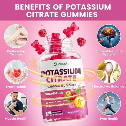 Potassium Citrate Gummies 1200mg, Sugar-Free Potassium Supplement for Adults Women & Men, Supports Leg Cramps & Muscle & Heart Health, Vegan, Gluten Free - Raspberry Flavor (120 Count)