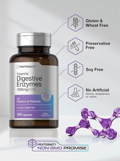 Horbäach Essential Digestive Enzymes | 100 Capsules | Enzyme Blend for Men & Women | Non-GMO & Gluten Free Supplement