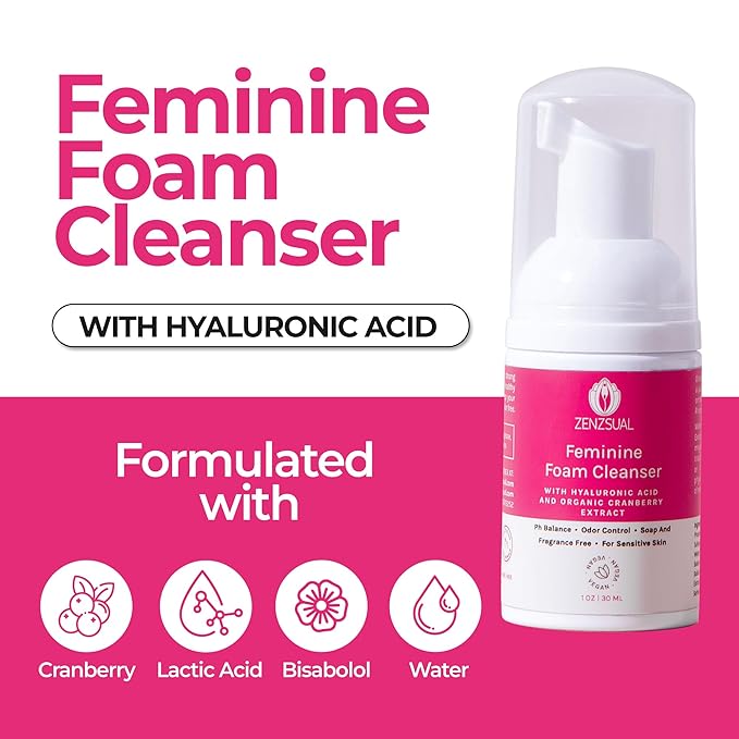 ZENZSUAL Feminine Foam Cleanser with Hyaluronic Acid & Organic Cranberry Extract – pH Balanced Feminine Wash for Sensitive Skin, Fragrance-Free Vaginal Cleanser, Hypoallergenic Intimate Care, 1 oz