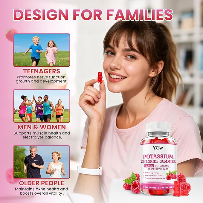 Potassium Gummies for Adults, Potassium Chloride 1200mg, Potassium Supplement for Women & Men, Supports Electrolyte Balance & Muscle Health, Sugar-Free, Raspberry Flavor, 120 Count
