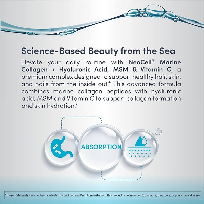 NeoCell Marine Collagen Peptides Powder | 7 oz | Unflavored Supplement | with Vitamin C and MSM | Plus Hyaluronic Acid | Prebiotic Fiber Beauty Blend | Hair, Skin, & Nails | for Women and Men