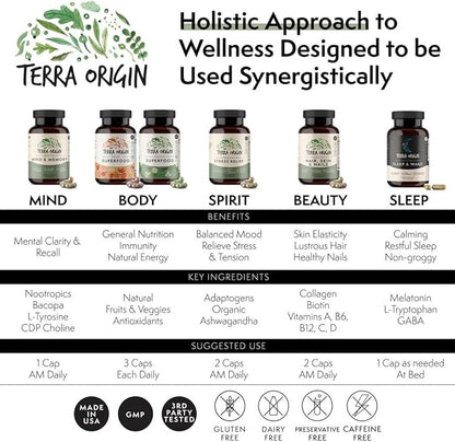TERRA ORIGIN Healthy Sleep & Wake | Natural Sleep Aid Supplement for Adults | Restful and Awake Refreshed | GABA, L-Tryptophan, Melatonin, Chamomile, Valerian, PassionFlower | 60 Capsules