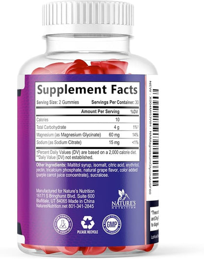 Magnesium Glycinate Supplement Gummies - Magnesium Supplement with Bone Muscle Heart Health & Sleep Support - Gentle on Stomach & Chelated for Max Absorption - Grape Flavor & Sugar Free - 60 Gummies