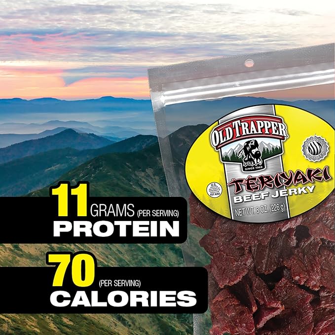 Old Trapper Beef Jerky, Teriyaki 8 Ounce Individual Pack, Tender Meat Snack for Lunches or Between Meals, 11 Grams of Protein, Zero Grams of Fat, and 70 Calories per Serving (Pack of One)