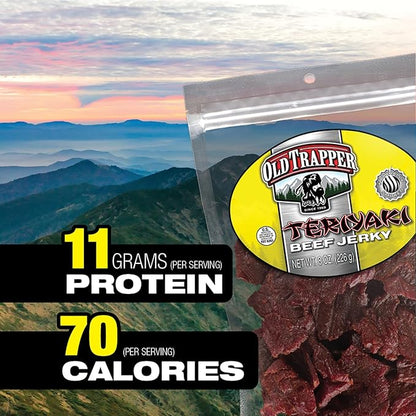 Old Trapper Beef Jerky, Teriyaki 8 Ounce Individual Pack, Tender Meat Snack for Lunches or Between Meals, 11 Grams of Protein, Zero Grams of Fat, and 70 Calories per Serving (Pack of One)
