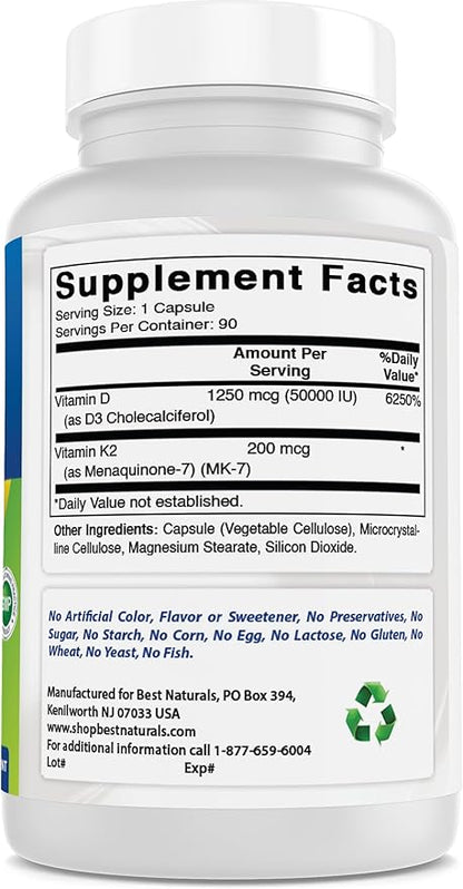 Best Naturals Vitamin D3 50,000 IU with MK-7 K2 200 mcg – 90 Veg Capsules – High Potency – Non-GMO, Gluten Free