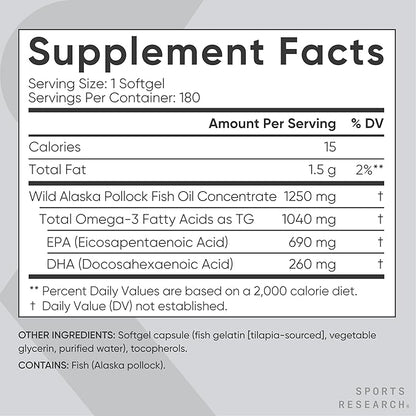 Sports Research® Omega-3 Fish Oil 1250 - Triple Strength Fish Oil Supplement from Wild Alaska Pollock - MSC Certified Sustainable · Non-GMO · Soy Free - 180 Softgel Capsules