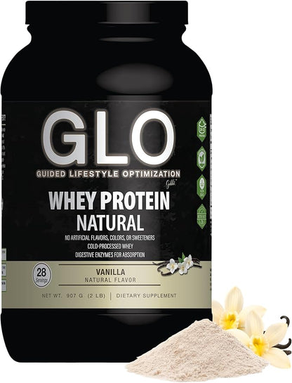 GLO Health Foods Cold-Processed Whey Protein - Vanilla Flavor - 24g Protein per Serving - Whey with Digestive Enzymes & BCAAs - Supports Muscle Growth, Strength & Recovery - 2 LB (28 Servings)
