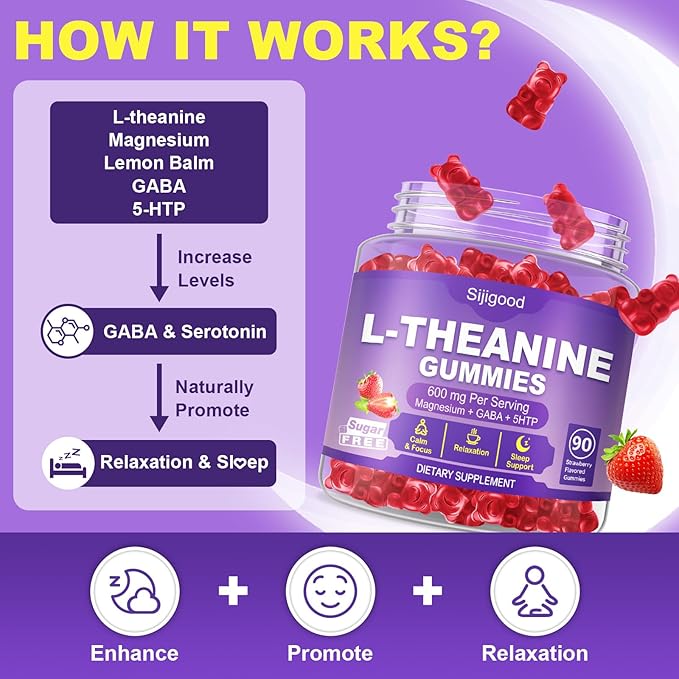 90 Count | L-Theanine Gummies for Kids & Adults - L Theanine Supplements with Ashwagandha, GABA & 5HTP - Support Natural Relaxation, Calm, Deep Zzz & Stress Relief, Strawberry Flavor