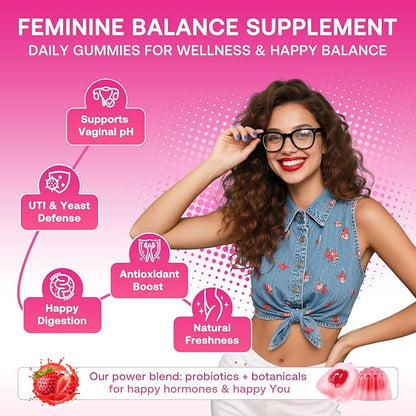 Feminine Balance Gummies for Women, Premium Ph Balance Gummies with Probiotic for Vaginal Flora Balance, Immune Support Supplement, Gluten-Free, Strawberry Flavor with Liquid Filled, 60 Count