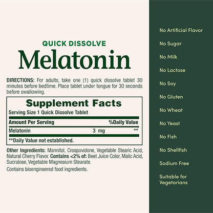 Nature's Bounty Melatonin 3mg Quick Dissolve, Sleep Aid Supplement, Sleep Aids for Adults, Cherry Flavor, 240 Count (Pack of 1)