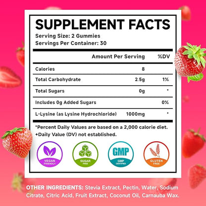 MEENCCD 2 Pack L-Lysine 1000mg Gummies, Lysine Supplement for Adults & Kids, Essential Amino Acid for Oral & Lips Health, Boost Immune & Calcium & Collagen, Sugar-Free, Strawberry Flavor, 120 Count
