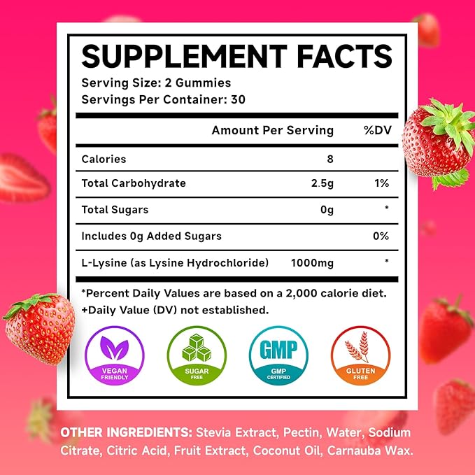 L-Lysine 1000mg Gummies, Lysine Supplement for Adults & Kids, Essential Amino Acid Supplement for Oral & Lips Health, Boost Immune & Calcium & Collagen, Sugar-Free, Strawberry Flavor, 60 Count