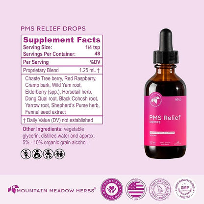 Mountain Meadow Herbs PMS Relief Drops | Liquid Herbal Supplement for Menstrual Period Discomfort | Hormonal Support for PMS Cramps, Mood Swings & Acne with Chaste Tree Berry (Vitex) & Wild Yam 2oz