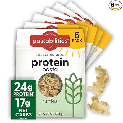 Pastabilities, Protein Pasta, Ruffles - 24g Protein & Low Carb, 17g Net Carbs - High Protein, Delicious Taste & Texture Non-GMO Plant-Based Pasta, Keto Friendly, Vegan (8 Ounce, 6 Pack)