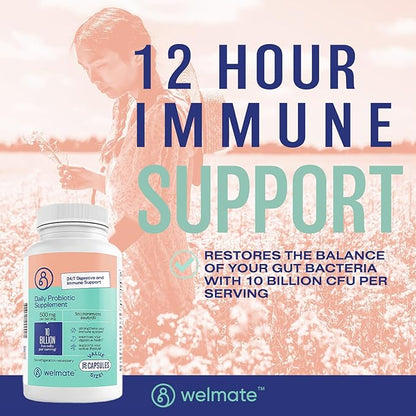 WELMATE - Daily Probiotic Supplement (200 Capsules) Saccharomyces Boulardii 500mg - 24/7 Digestive Support, Immune Support - 10 Billion CFU - Over-The-Counter Medication - Vegan, Gluten Free, Non GMO