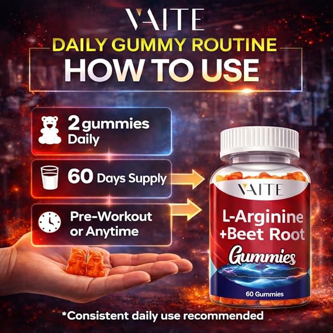 VAITE L Arginine Supplement Beet Root Gummies - Double Strength, Energy Boost, Circulation Support and Stamina, Organic Chewable Beets Supplements for Men and Women, Vegan Gummy, Non-GMO, Sugar-Free