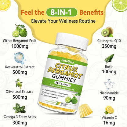 Citrus Bergamot Gummies, Citrus Bergamot Supplement for High Cholesterol, Cholesterol Lowering Supplement for Heart, Immune System & Healthy Aging Support, Sugar Free, Vegan, Lemon Flavor, 60 Count