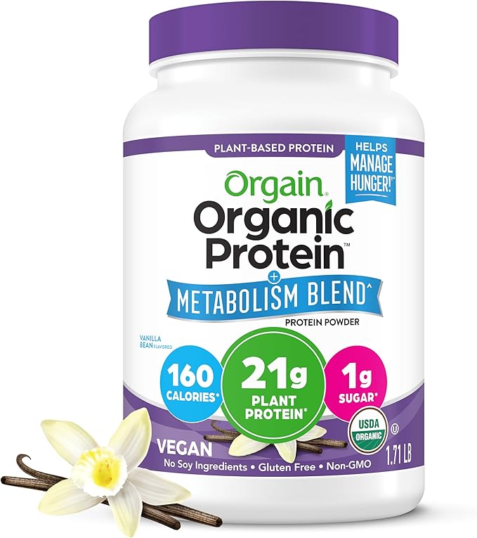 Orgain Organic Protein + Metabolism Blend Powder, Vanilla Bean - 21g Plant Protein, 5g Prebiotic Fiber, No Lactose Ingredients, Low Sugar, Non-GMO, for Shakes & Smoothies, 1.71 lb