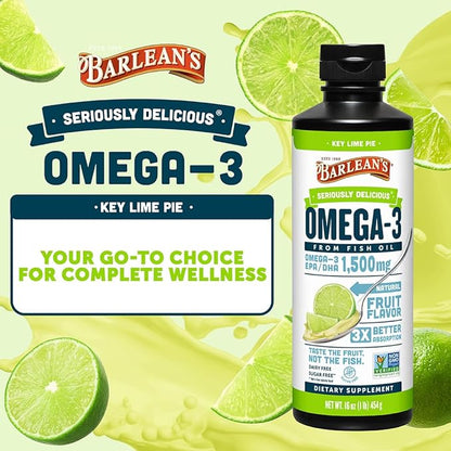 Barlean's Omega 3 Fish Oil Liquid Supplement for Men and Women, 1500mg of EPA and DHA Fatty Acid, Promotes Brain & Heart Health - Non-GMO, Key Lime Pie, 16 oz