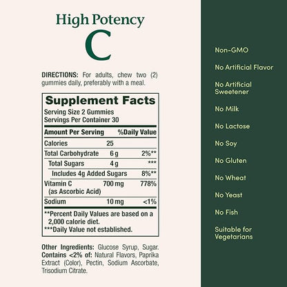 Nature's Bounty Vitamin C Gummies 700mg, High Potency Vitamin C Chewable Gummies for Adults, Immune Support Supplement, Dietary Supplement, Orange Flavor, 60 Ct (Pack of 2)