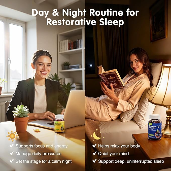Simlike Mushroom Gummies Supplement for Sleep and Energy with Ashwagandha & Lion's Mane, Day & Night Routine,Elderberry Flavor, No Sugar (30-Day Supply)