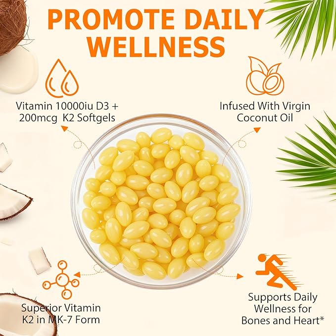 Vitamin D3 K2 with Coconut Oil - Vegan Vitamin D3 & Mk7 Vitamin K2for Bone & Immune Support - Non-GMO, Soy Free - 120 Softgels