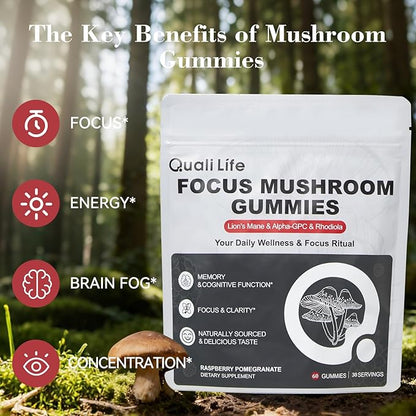 Mushroom Gummies with Lion’s Mane, Alpha-GPC & Rhodiola - 12 in 1 Mushroom Complex Supplement with Reishi, Cordyceps, Chaga & Turkey Tail – Brain Focus & Memory Support, 30 Servings
