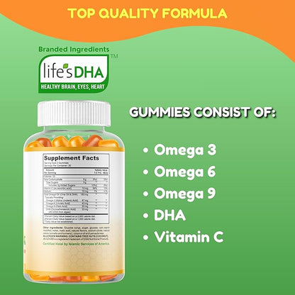 SHIFAA NUTRITION Halal Omega 3 for Kids with DHA Gummies for Brain Development, Heart & Immune Support, Plant-Based, Non-GMO, Algae-Based DHA, Gluten & Gelatin-Free Kids Omega 3 Gummies, 30 Servings