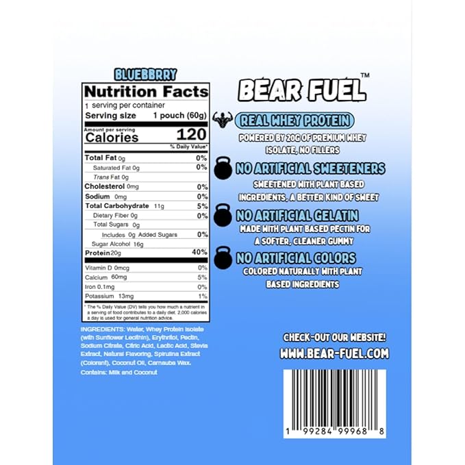 Bear Fuel Protein Gummies – 20g Protein Candy Snack – High Protein, Zero Sugar, Naturally Sweetened Gummy Bears – Fruit Variety (1, Blueberry)