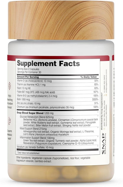 Snap Supplements Blood Sugar Blend with Berberine, CoQ10, Cinnamon, and Gymnema to Support Already Healthy Blood Sugar, Metabolic Health and Energy, Sugar Free, 60 Capsules (Packaging May Vary)